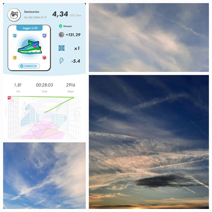 The image features a collage of four photos, each depicting different types of clouds against various blue skies. The first photo shows a large cloud floating above a city skyline at sunset. The second photo captures a smaller cloud near an urban area during daytime. The third photo depicts a fluffy white cloud in the sky next to a mountain range. The fourth photo features a dark cloud hovering over a cityscape, with the sun setting behind it. These images are related to the post #stepn and #stepngo because they provide visual examples of clouds and their varying sizes and positions against different blue skies.