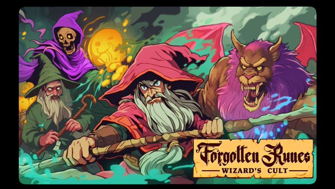A vibrant fantasy illustration features a wizard in a pink hat wielding a glowing staff alongside a purple-hooded grim reaper, a bearded sage, and a snarling winged demon, all set against a mystical backdrop. The title "Forgotten Runes WIZARD'S CULT" is displayed on a weathered parchment banner, branding the image as artwork for the associated crypto project.