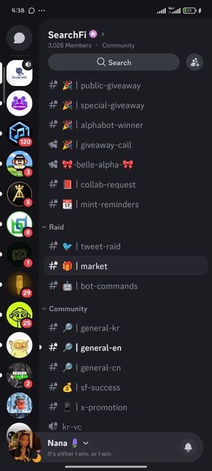 A mobile screenshot of a Discord server named "SearchFi" showing channels organized into categories like "giveaway," "Raid," and "Community," with the user "Nana" signed in at the bottom.