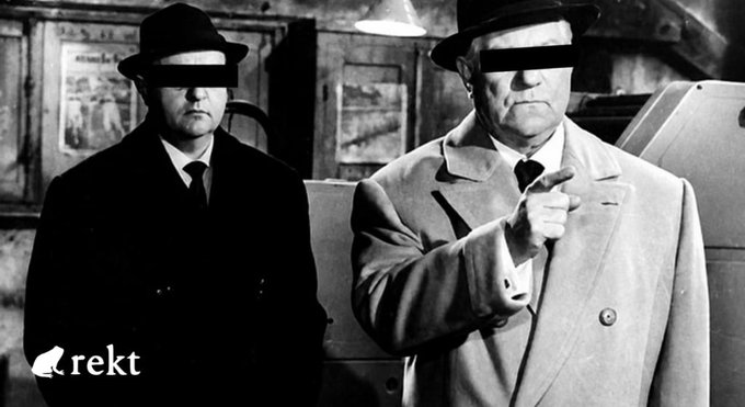 The image shows two men in trench coats from a film, with "rekt" branding in the corner, fitting the article's theme of coinsbuy being silenced or unresponsive after the $8.07M hack, with a Twitter dormant since 2020 and no explanation of what failed.