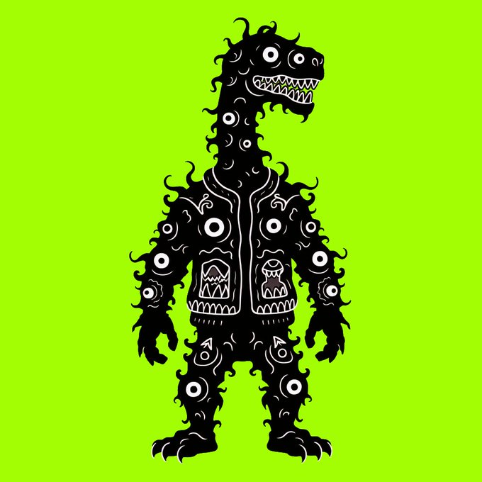 A black silhouette illustration of a multi-eyed, monstrous creature with multiple limbs and mouths against a bright green background.