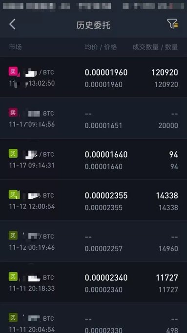 The image shows a "历史委托" (Historical Orders) page from a trading app, displaying cryptocurrency transactions involving BTC pairs with prices around 0.00001-0.00002 BTC, including notable large buy orders of 120,920, 20,000, and 14,960 units. These screenshots, as referenced in the post, serve as evidence of the user's reckless cryptocurrency trading from 9 years ago, when they were "a pure gambler on Binance" who took out loans of around 400,000 yuan to gamble in the market.