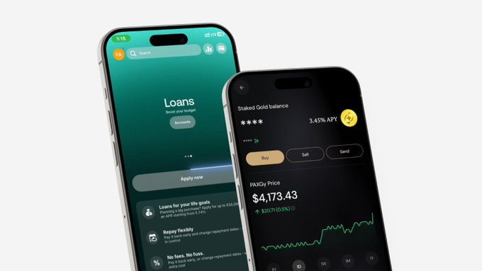 A mockup of two smartphones displaying financial apps, one showing a 'Loans' interface with 'Accounts' and another showing a 'Staked Gold balance' with a PAXG price of $4,173.43 and a 3.45% APY.