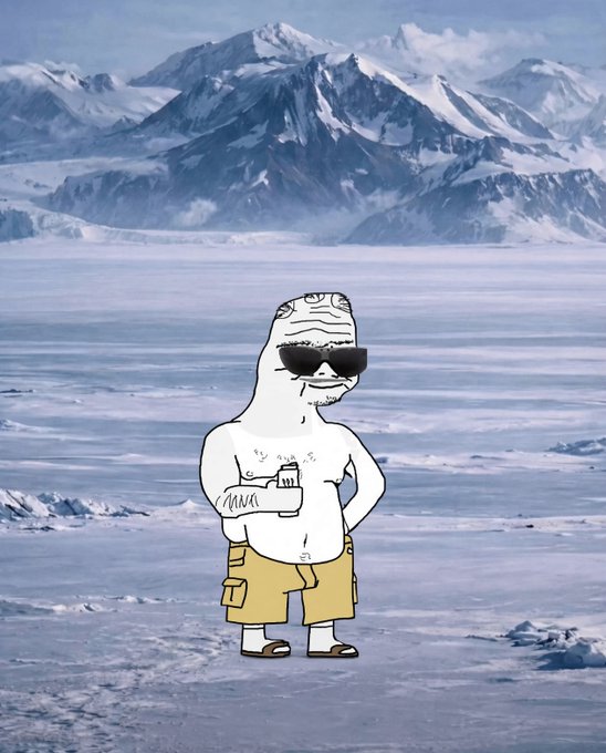 A cartoon-style illustration of a bald, sunglasses-wearing figure in yellow shorts holding a coffee cup, standing in a snowy landscape with mountains in the background.