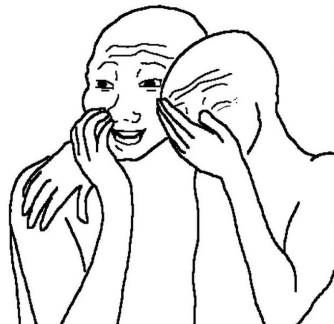 A simple line drawing meme showing a bald figure holding a hand over another's face in an exaggerated expression.