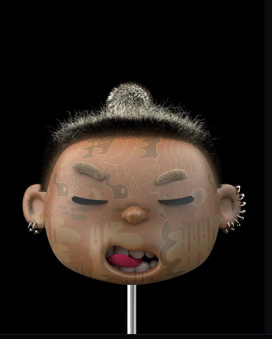 A stylized 3D character head with exaggerated features including spiky hair, facial tattoos, multiple ear piercings, and an open mouth with visible teeth is displayed against a black background.