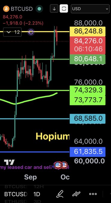 The image shows a Bitcoin (BTCUSD) trading chart on a 12-hour timeframe with the current price at $84,276.00, down 2.23% (-$1,918.00). Multiple price levels are marked including $88,000, $86,248.8, $80,648.1, $76,000, $74,329.3, $68,585.0, and $61,835.5, with humorous annotations like "Hopium" and "my leased car and sell [house emoji]" highlighting trader optimism despite the recent pullback. The post's reference to "one of the most bullish days EVER" appears tied to the joke annotations expressing over-the-top bullish sentiment, even as the chart shows a notable decline.
