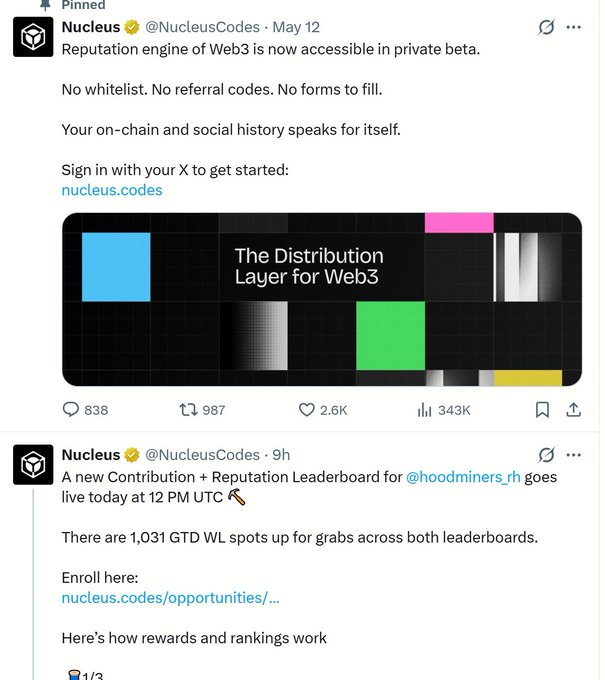A Twitter/X feed showing two posts from the verified account 'Nucleus' (@NucleusCodes) announcing a private beta for their 'Reputation engine of Web3' and a new Contribution + Reputation Leaderboard for @hoodminers_rh, with a banner reading 'The Distribution Layer for Web3'.