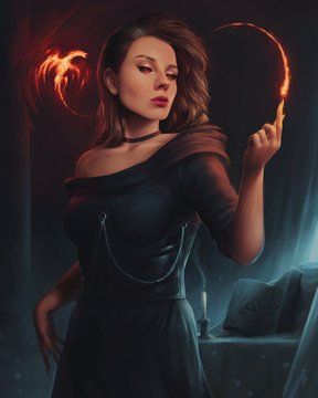 Digital artwork of a woman with dark hair in a black corset dress conjuring glowing orange/red magical energy from her raised finger, with a grimoire and candle on a table beside her.