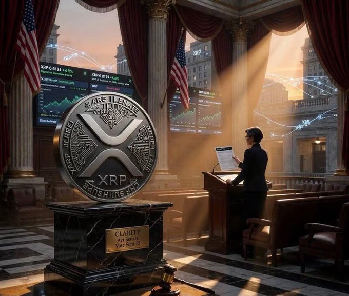 An image showing a large XRP coin displayed on a pedestal labeled "CLARITY Act Senate Vote Sept 15" inside a grand government chamber, with a speaker at a podium presenting amid floating stock ticker charts displaying "XRP" price data. The visual symbolizes the upcoming Senate vote on September 15, suggesting potential bullish regulatory outcomes for XRP.