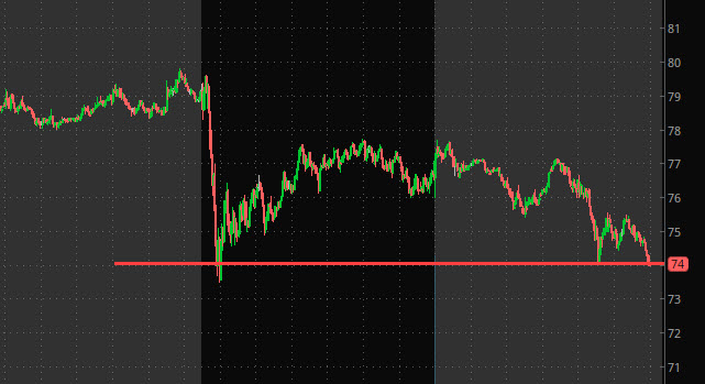 A candlestick chart displays a steep decline from around $79 down to a horizontal red support line at $74, with the price currently resting on this level, visually reinforcing the "KOSPI kaboom" commentary on the DRAM sell-off.