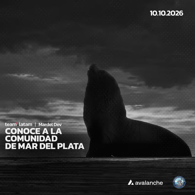 A black-and-white promotional graphic featuring a silhouetted seal sitting on a beach under a cloudy sky, with the date '10.10.2026', text reading 'CONOCE A LA COMUNIDAD DE MAR DEL PLATA', and logos for Avalanche and AntshantTV.