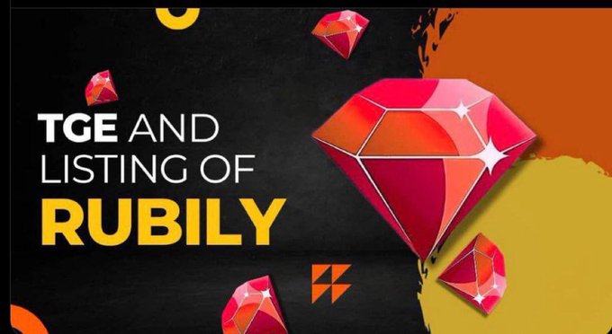 The image displays a promotional banner announcing the "TGE AND LISTING OF RUBILY" with stylized red gemstone graphics on a dark background with orange accents, visually highlighting Rubi Network as the next mobile mining crypto project to watch after Pi Network's success.