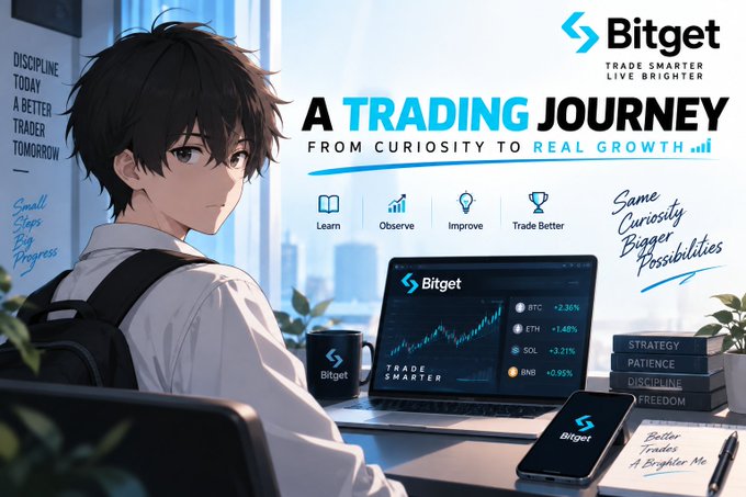 A Bitget cryptocurrency exchange promotional image titled 'A TRADING JOURNEY FROM CURIOSITY TO REAL GROWTH' featuring an anime-style character at a desk with trading screens showing BTC, ETH, SOL, and BNB prices.