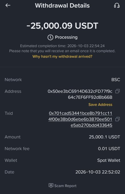 The image shows a withdrawal details screen displaying a -25,000.09 USDT transaction in "Processing" status on the BSC network to address 0x50ee3bC6914D632CFD77f9c64c7EF6FF92dBb66B. It supports the post's claim by providing on-chain proof of the 25,000 USDT transfer via transaction ID 0x701cad53441bce8b791cc114f00e38b0d6ebe6b3870ee501e5ab270bdd433645, with an estimated completion time of October 3, 2026.