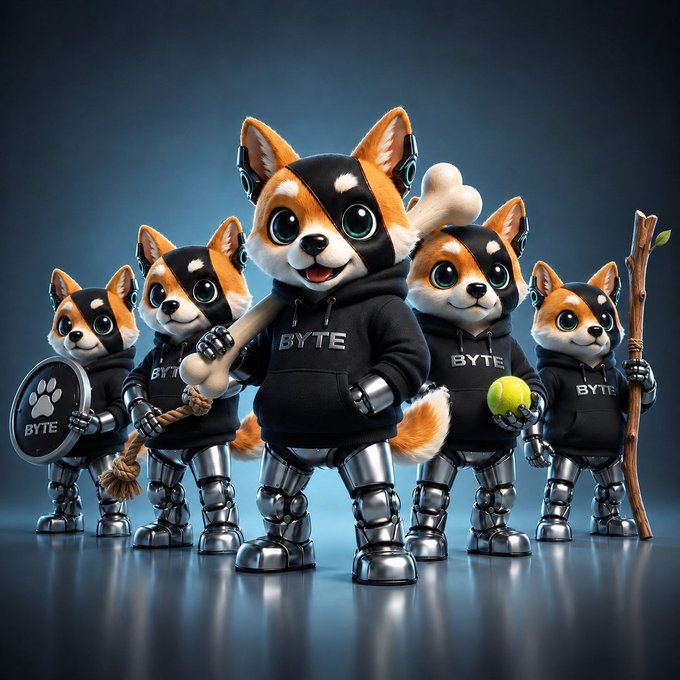 A digital illustration showing five corgi characters wearing black 'BYTE' branded hoodies with robotic metal legs, holding items like a bone, a paw-print shield, a tennis ball, and a stick.