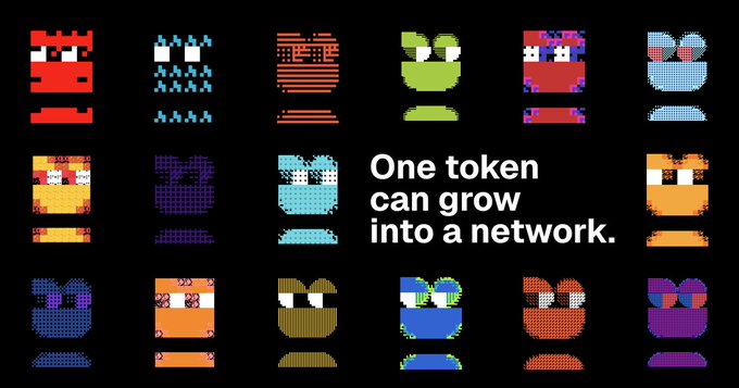 A graphic featuring a grid of pixel-art frog characters in various colors alongside the text "One token can grow into a network."
