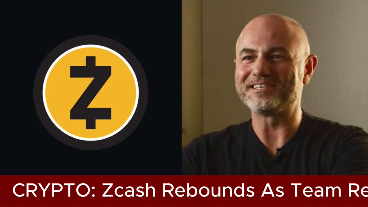 The image features a man with a bald head, smiling at the camera while sitting down. The background of the image shows a black wall with a yellow circle containing the letter "Z" prominently displayed above him. Below this, there are two lines of text that read "Crypto: Zcash Rebounds as Team Rebound".