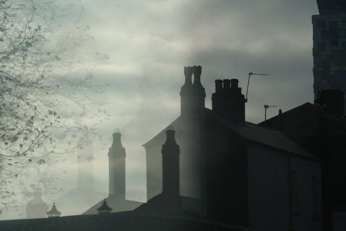 A moody silhouette of Victorian-style rooftops with tall chimneys and television antennas against an overcast sky, with tree branches visible in the reflection of a window.