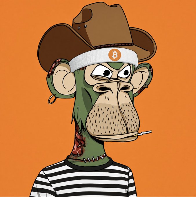 A cartoon illustration of a green ape character wearing a cowboy hat, a Bitcoin logo headband, a striped shirt, and holding a cigarette.