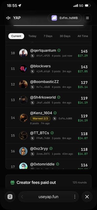 A mobile screenshot of the YAP app showing a leaderboard with user rankings, post counts, and earnings, including handles like @qertquantum and @blockvers.
