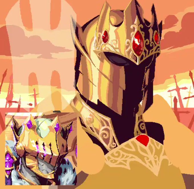 An illustration of a golden knight in ornate armor with red jewels on the helmet, with a smaller inset image of a different golden helmet with purple gems.