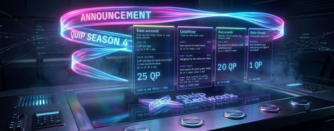 A futuristic neon-lit announcement graphic for "QUIP SEASON 4" displays various account management options with QP costs including "Your account" at 25 QP and "QuipSwap" at 20 QP.