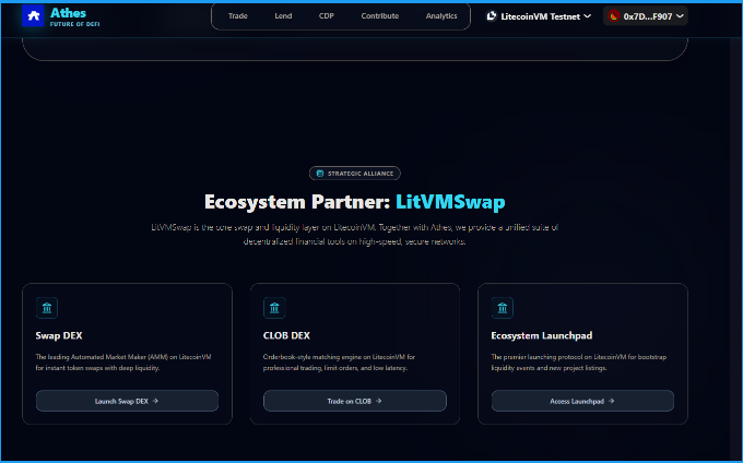 The Athes Future of DeFi website displays its "Ecosystem Partner: LitVMswap" page, featuring three sections: Swap DEX, CLOB DEX, and Ecosystem Launchpad.