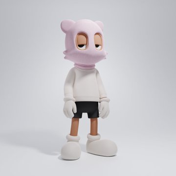 A 3D rendered character with a pink frog-like head, large eyes, white shirt, black shorts, and white shoes stands against a plain white background.