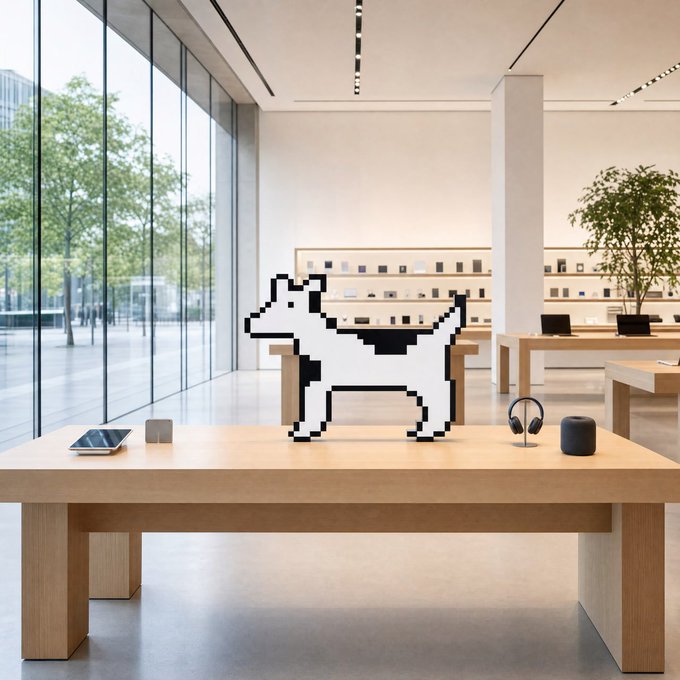 A modern, bright Apple Store interior with wooden display tables featuring devices, including a pixel-art style black and white dog figure placed prominently on a central table.