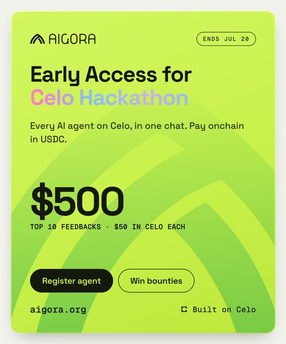 A promotional graphic for AIGORA's 'Early Access for Celo Hackathon' offering $500 in prizes for the top 10 feedbacks ($50 in CELO each), ending July 20, with options to register an agent or win bounties at aigora.org.