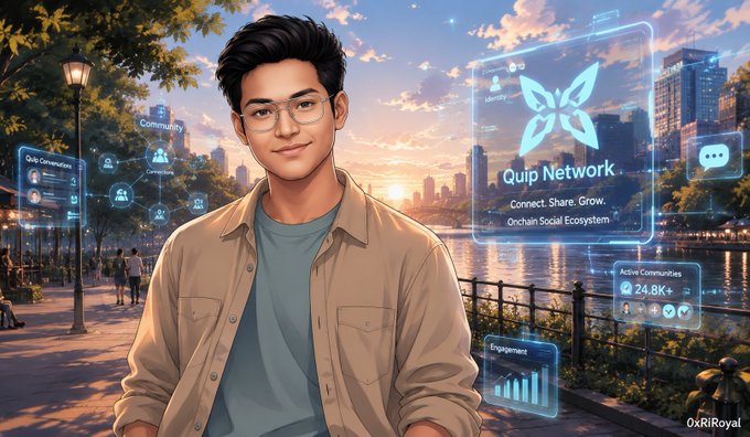 Digital illustration of a young man with glasses in front of a city skyline, with floating holographic UI panels promoting 'Quip Network' social ecosystem showing 24.8K+ active communities.