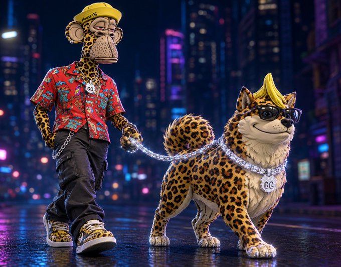 A 3D-rendered humanoid cheetah wearing glasses, a yellow "Honor OC" cap, and a red floral shirt walks a leashed cheetah-like dog with a blonde mohawk and sunglasses through a neon-lit cyberpunk cityscape at night.