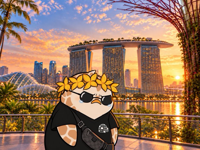 A cartoon giraffe character wearing sunglasses, a black t-shirt, and a crossbody bag stands in front of the Marina Bay Sands hotel in Singapore at sunset.