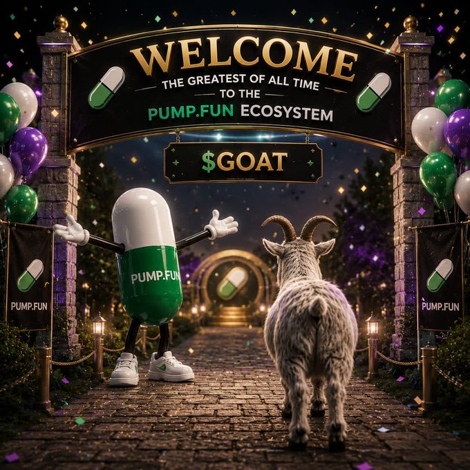 A promotional graphic welcoming viewers to the Pump.fun ecosystem, featuring an anthropomorphic pill mascot and a goat, with text "WELCOME THE GREATEST OF ALL TIME TO THE PUMP.FUN ECOSYSTEM" and "$GOAT".