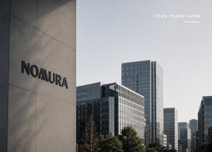 The exterior of a Nomura building is shown with modern glass skyscrapers in the background and the text 'FOUR YEARS LATER' overlaid.