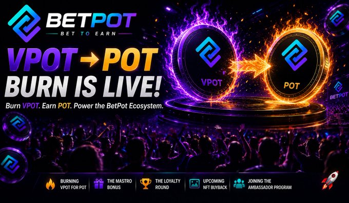 The promotional graphic announces "VPOT → POT BURN IS LIVE!" for BetPot, featuring the tagline "Burn VPOT. Earn POT. Power the BetPot Ecosystem" alongside fiery coin imagery showing the VPOT token transforming into POT. The image visually represents the newly launched burn mechanism described in the post, with additional icons at the bottom highlighting related initiatives like "Burning VPOT for POT," "The Mastro Bonus," "The Loyalty Round," "Upcoming NFT Buyback," and "Joining the Ambassador Program."