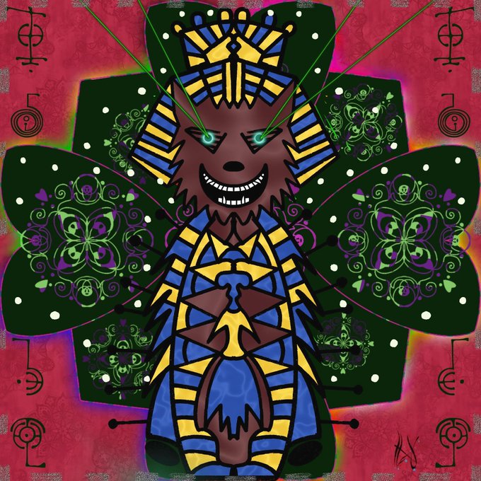 A vibrant, symmetrical digital illustration of a tribal-styled figure with glowing green eyes, a toothy grin, and elaborate headdress, set against a red background adorned with occult symbols.