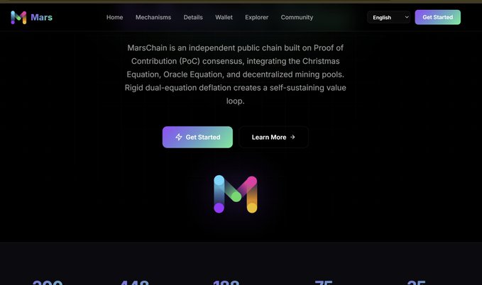 The image shows the homepage of MarsChain, featuring a dark-themed interface with navigation links (Home, Mechanisms, Details, Wallet, Explorer, Community) and text describing it as "an independent public chain built on Proof of Contribution (PoC) consensus, integrating the Christmas Equation, Oracle Equation, and decentralized mining pools." The post relates to the image as it discusses the $MARS token's burning mechanism, which is one of the deflationary features highlighted by the project's dual-equation system shown on the site.