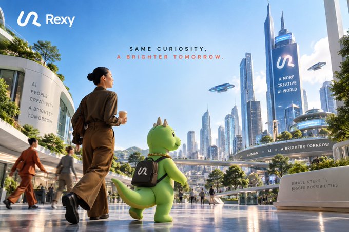 A futuristic promotional image for 'Rexy' showing a woman walking alongside a green dinosaur mascot wearing a branded backpack through a utopian cityscape, with text reading 'SAME CURIOSITY, A BRIGHTER TOMorrow.'