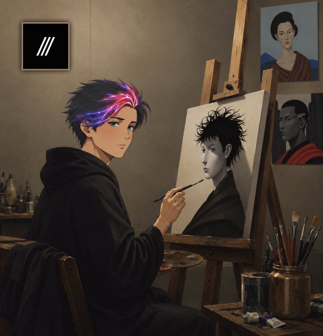 An anime-styled artist with vibrant purple and pink streaked hair sits at an easel, painting a detailed grayscale portrait, while other finished portraits hang on the wall behind him, showcasing the original artwork featured in the upcoming Divergents NFT collection minting on August 14th with a 10k supply.