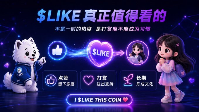 A colorful digital promotional image in Chinese featuring cartoon characters, a husky dog mascot, and icons promoting '$LIKE' as a worthwhile cryptocurrency with messaging about liking and tipping.