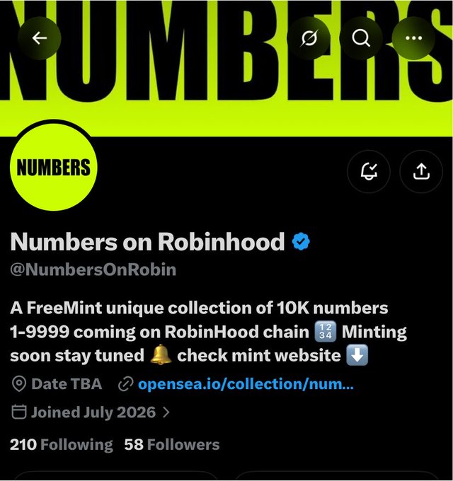 A screenshot of a social media profile for 'Numbers on Robinhood' (@NumbersOnRobin), describing a collection of 10K numbers minting on the RobinHood chain, with an OpenSea link.