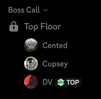 A dark-mode screenshot of a 'Boss Call' Discord or chat interface showing a 'Top Floor' channel with a lock icon, listing three users with profile pictures: 'Cented', 'Cupsey', and 'DV' (who has a green TOP badge).