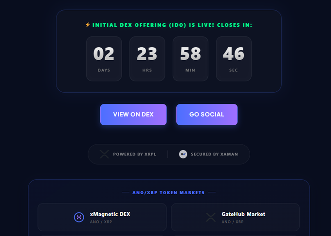The image contains a screenshot from a website showcasing a page about Bitcoin and Ripple coins that features a timer for an initial coin offering (ICO). The ICO is live, and there are currently five days remaining before the event finishes. The website also includes a drop-down menu featuring different cryptocurrencies as options. Overall, the image highlights the ongoing process of a new blockchain project called XRP Ledger, which is being developed by an innovative company known as Anonix token markets.