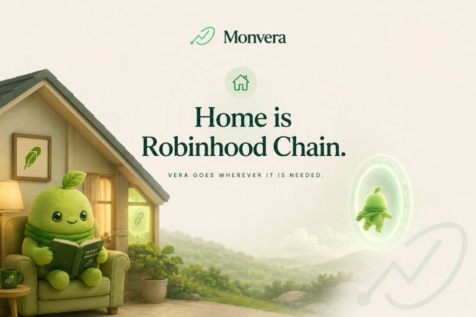 The image is a Monvera promotional banner featuring the tagline "Home is Robinhood Chain" with the subtitle "VERA GOES WHEREVER IT IS NEEDED," alongside a cute green mascot reading a book in a cozy home and a smaller version of the character inside a glowing green circle.

The image ties directly to the post by visually celebrating Monvera's integration with Robinhood Crypto, as indicated by the prominent "Home is Robinhood Chain" messaging that frames the partnership as a natural homecoming for the project.