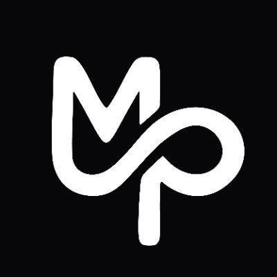 A minimalist black and white logo features a stylized monogram combining the letters 'M' and 'P' in flowing white lines.