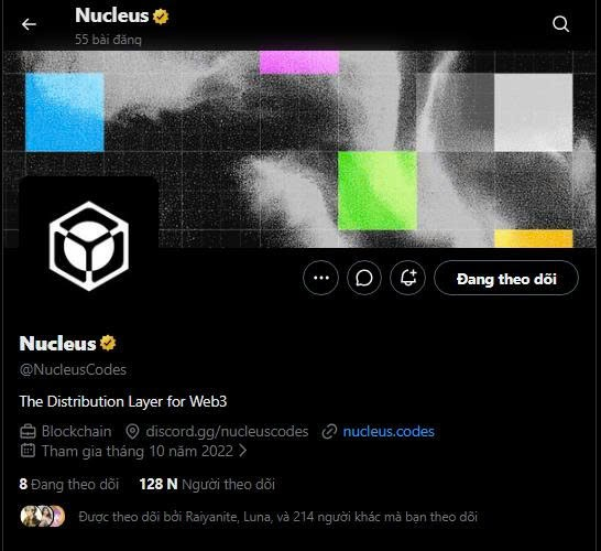 Twitter profile page for @NucleusCodes with the description "The Distribution Layer for Web3" and 128K followers.