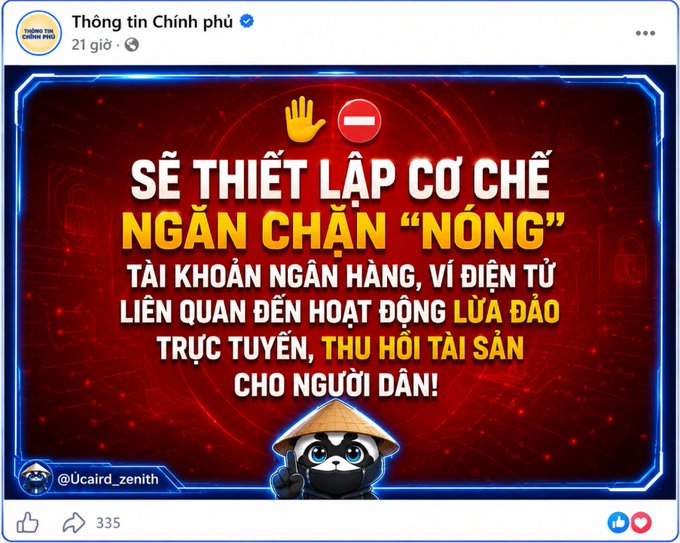 A Facebook post by "Thông tin Chính phủ" featuring a graphic with the text "SẼ THIẾT LẬP CƠ CHẾ NGĂN CHẶN "NÓNG" TÀI KHOẢN NGÂN HÀNG, VÍ ĐIỆN TỬ LIÊN QUAN ĐẾN HOẠT ĐỘNG LỪA ĐẢO TRỰC TUYẾN, THU HỒI TÀI SẢN CHO NGƯỜI DÂN!"