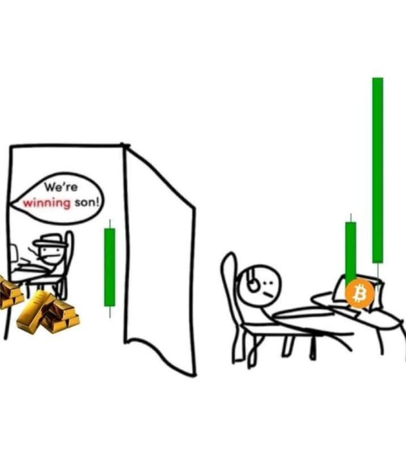 A meme showing two rooms: on the left, a father (gold bars) sits behind a curtain saying "We're winning son!" while his son on the right sits at a table with a Bitcoin and a much larger green candlestick chart, suggesting the son's crypto investment is actually outperforming his father's gold. The caption "What he said" reflects the son's irony—despite his father claiming victory, the Bitcoin chart clearly shows the son is the one actually winning.